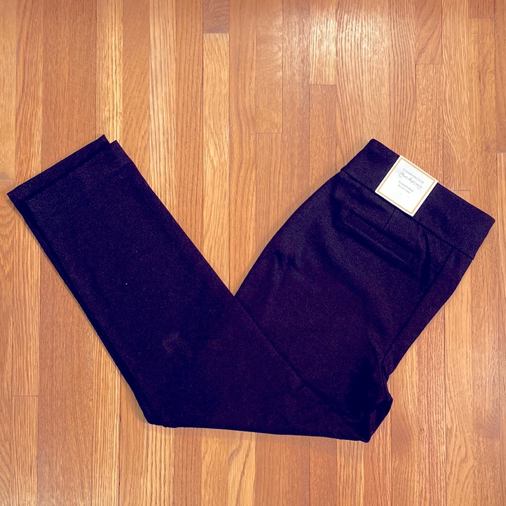 NWT Charter Club Cambridge Tummy Control Slim Leg Black Ponte Pants, 6P SHORT